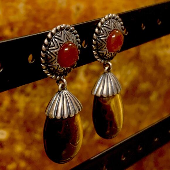 Carolyn Pollack Earrings Sterling Silver, Tigers Eye & Carnelian Agate Dangle - Picture 5 of 7